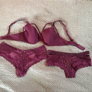 Beautiful plum colored VS lined demi bra with 2 matching pairs of panties EUC